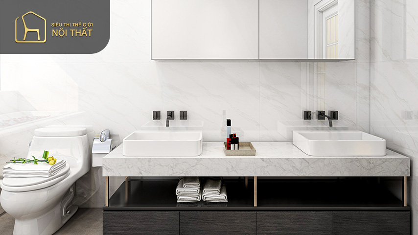 Nhà vệ sinh rộng 20m2 Nhà vệ sinh rộng 20m2 khi thiết kế nên chọn tone màu trắng kết hợp với xám để tạo không gian rộng rãi thoải mái