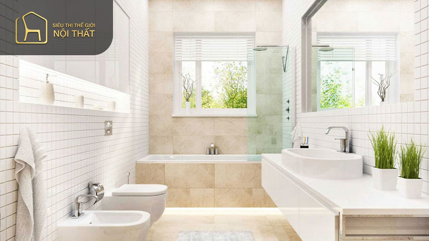 Nhà vệ sinh đẹp cho biệt thự Nhà vệ sinh đẹp cho biệt thự thường có diện tích rộng vì vậy việc bố trí nội thất không gò bó tuy nhiên cần sắp xếp các vị trí đồ nội thất cách nhau một khoảng hợp lí để tạo sự hài hòa