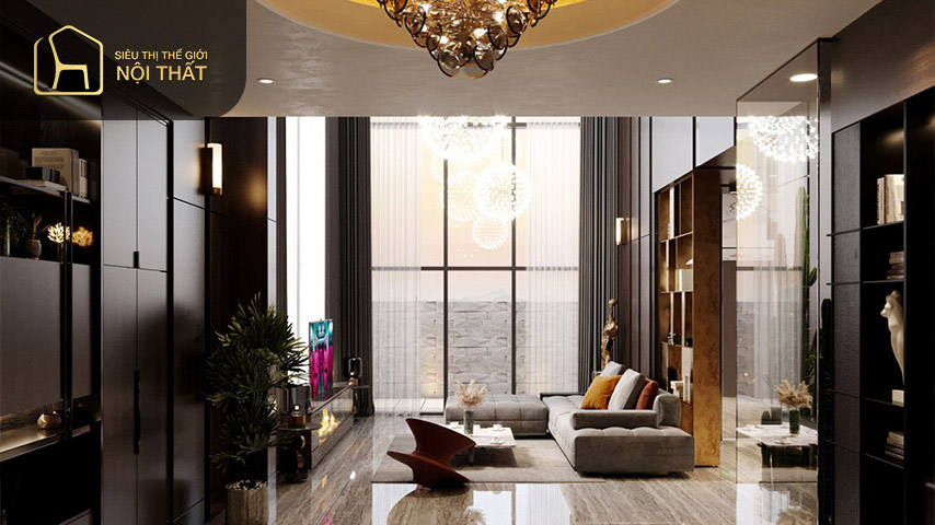 Thiết kế phong cách nội thất luxury cho phòng bếp có phối hợp các đồ nội thất gỗ với đèn vàng và cây xanh giúp đem đến sự ấm cúng