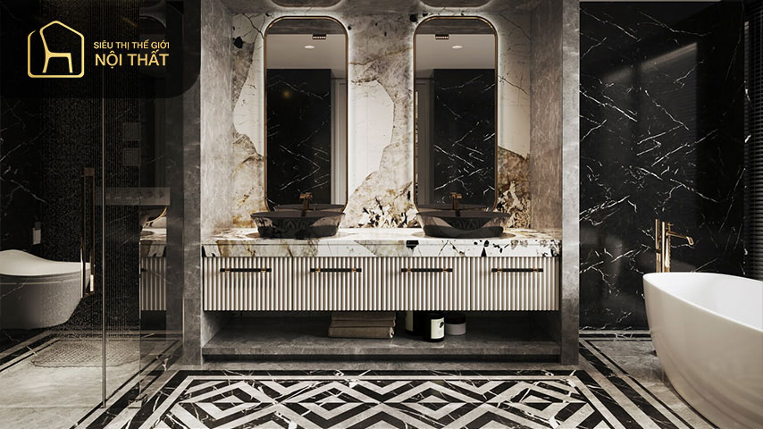 Thiết kế phong cách nội thất luxury cho phòng tắm kết hợp các thiết bị thông minh hiện đại như Lavabo tự động để mang đến cảm giác thư giãn thoải mái