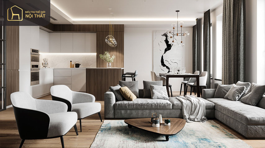 Mẫu phòng khách 30m2 phong cách tối giản
