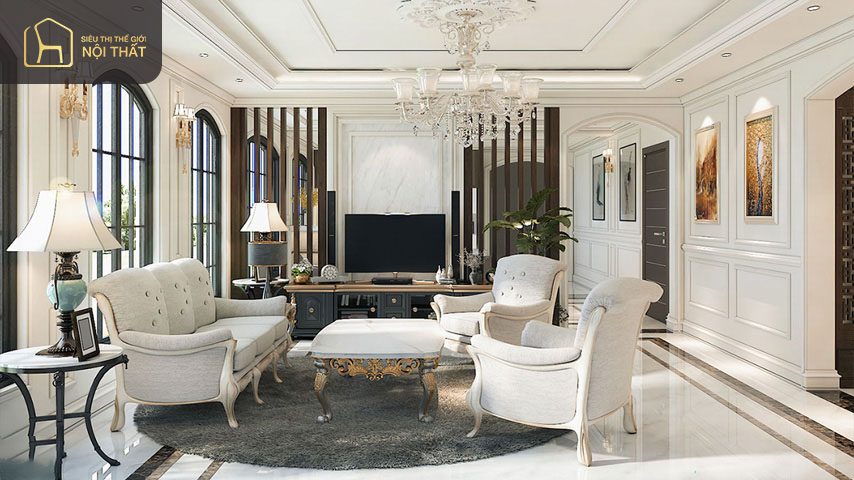 Mẫu phòng khách 30m2 phong cách Tân cổ điển lộng lẫy