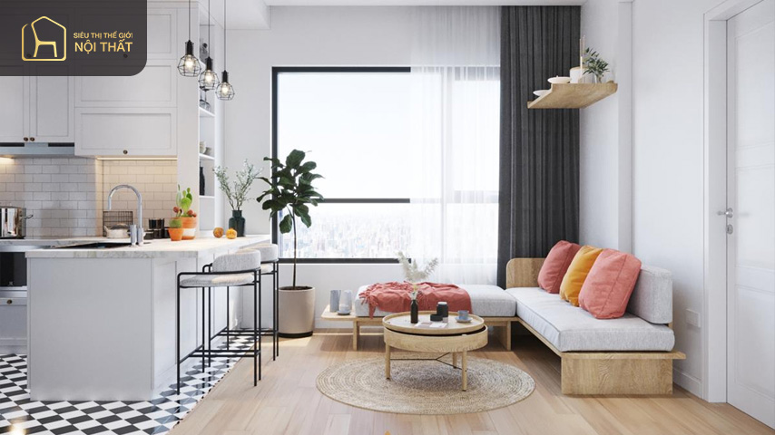 Mẫu phòng khách này được thiết kế với những gam màu nhẹ đem đến cảm giác dễ chịu thoải mái cho gia chủ
