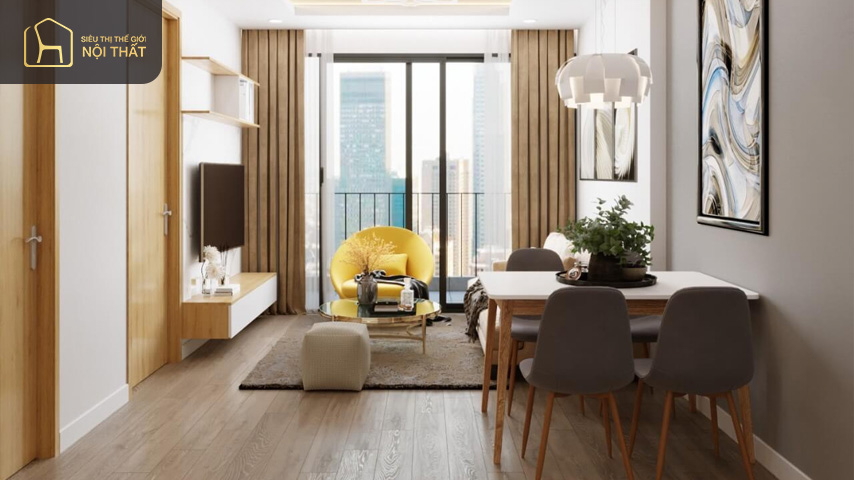 Mẫu phòng khách chung cư 60m2 tương đối lớn tuy nhiên cần biết cách phối hợp màu sắc để căn phòng trở nên hài hòa hơn