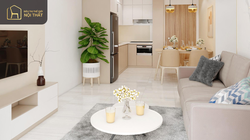 Phòng khách chung cư đẹp 65m2 nên sử dụng các gam màu trung tính một cách khéo léo để căn phòng trở nên sang trọng và ấm cúng