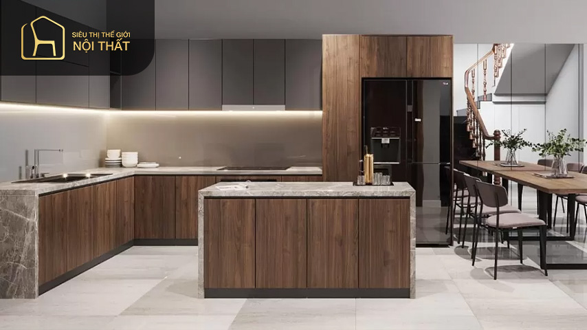 Phòng bếp và phòng ăn của căn hộ 70m2 3 phòng ngủ được liên thông mở với phòng khách Phòng bếp và phòng ăn của căn hộ 70m2 3 phòng ngủ được liên thông mở với phòng khách, nhằm tạo sự liên kết liền mạch giữa các không gian riêng tư
