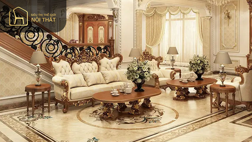 Nội thất biệt thự tân cổ điển của phòng khách chú trọng sự sang trọng tinh tế giúp không gian trở nên nổi bật nhưng không quá cầu kì