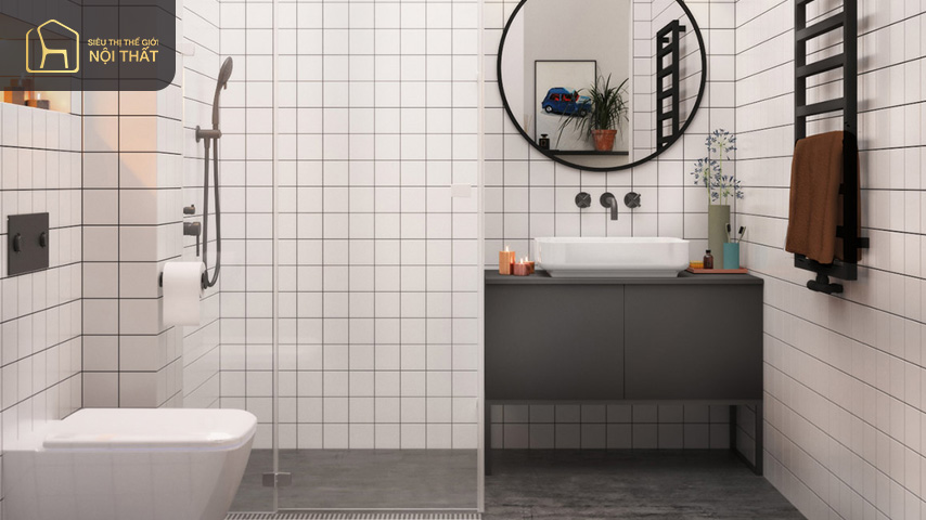 Để tạo cảm giác rộng rãi cho phòng tắm của căn hộ nhỏ Để tạo cảm giác rộng rãi cho phòng tắm của căn hộ nhỏ có thể sử dụng nội thất xuyên suốt