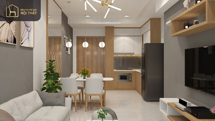 Thiết kế nội thất căn hộ 45m2 cho gia đình trẻ nên chọn tone màu sáng Thiết kế nội thất căn hộ 45m2 cho gia đình trẻ nên chọn tone màu sáng, liên thông phòng bếp phòng ăn với phòng khách để tiết kiệm diện tích