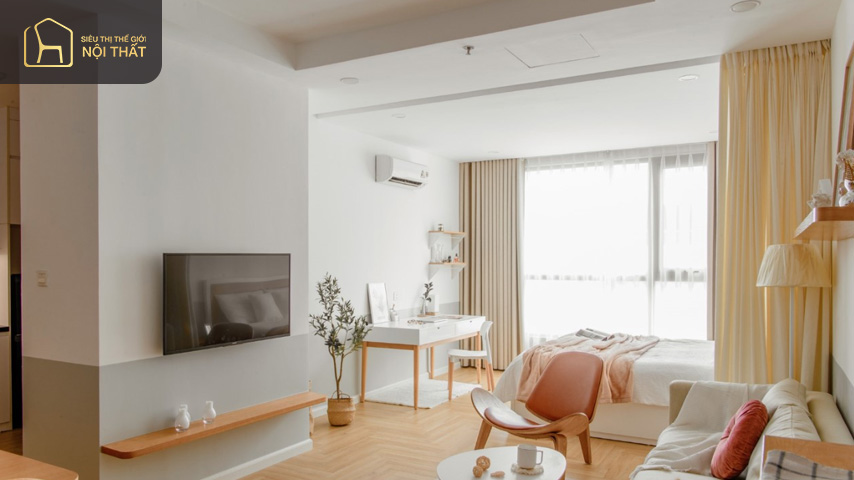 Gram màu sáng khi thiết kế nội thất căn hộ 45m2 giúp cho căn hộ trở nên rộng rãi thoáng mát hơn Gram màu sáng khi thiết kế nội thất căn hộ 45m2 giúp cho căn hộ trở nên rộng rãi thoáng mát hơn