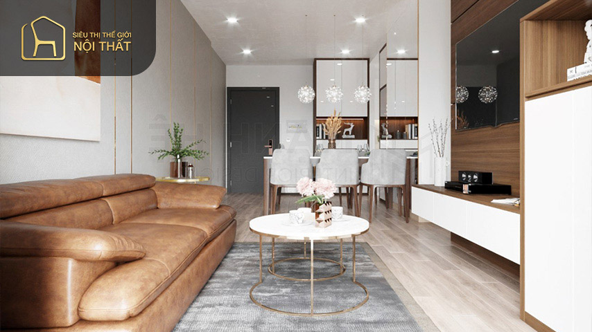 Mẫu thiết kế nội thất 77m2 phòng khách nối liền bếp