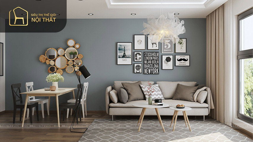 Nội thất chung cư 80m2 hình chữ nhật với gam màu trắng xám tạo điểm nhấn cho căn phòng