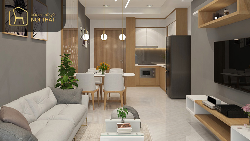 Thiết kế nội thất phòng bếp chung cư 80m2 loại bỏ các chi tiết rườm rà tạo nên sự khỏe khoắn sang trọng và lịch sự