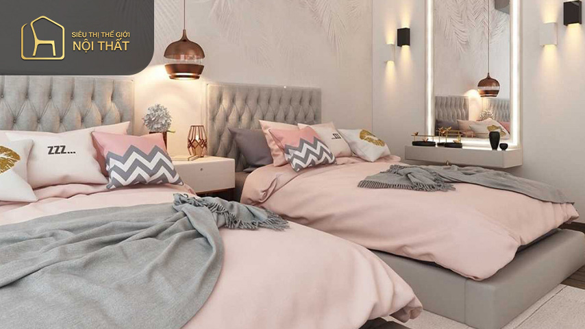Phòng ngủ 2 giường cho bé gái Phòng ngủ 2 giường cho bé gái nên sử dụng những gam3 màu nhẹ nhàng dễ thương như hồng, vàng, cam…để tạo sự mềm mại tươi sáng cho căn phòng