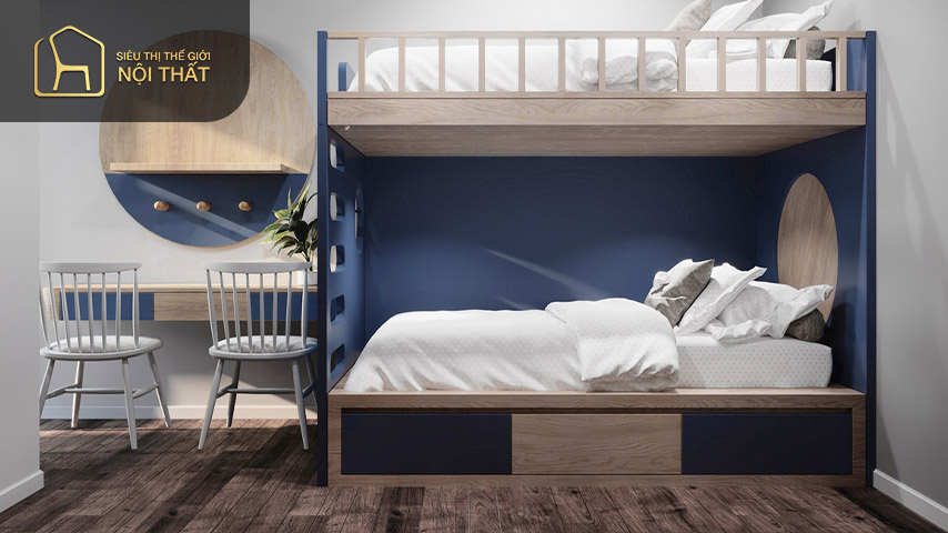 Bố trí 2 giường tầng giúp tiết kiệm tối đa diện tích Bố trí 2 giường tầng giúp tiết kiệm tối đa diện tích tuy nhiên cần chú ý đến chiều cao của phòng ngủ sao cho phù hợp để tránh sự bí bách cho người dùng