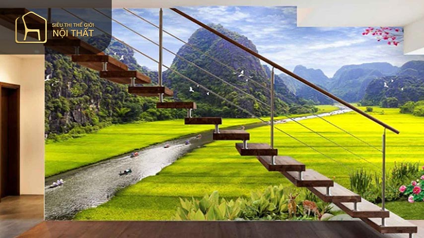 Trang trí vách tường cầu thang đẹp bằng tranh 3D là cách tạo điểm nhấn được nhiều gia đình lựa chọn