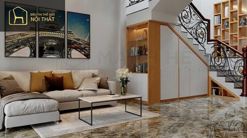 Trang trí vách tường cầu thang đẹp bằng giấy dán tường là cách đơn giản giúp cho tường cầu thang trở nên nổi bật hơn