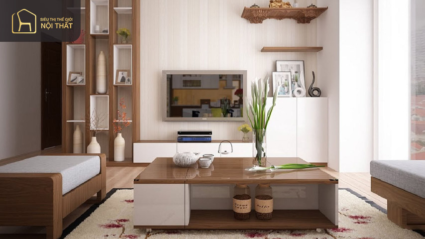 Mẫu tủ trang trí phòng khách chất liệu gỗ tự nhiên