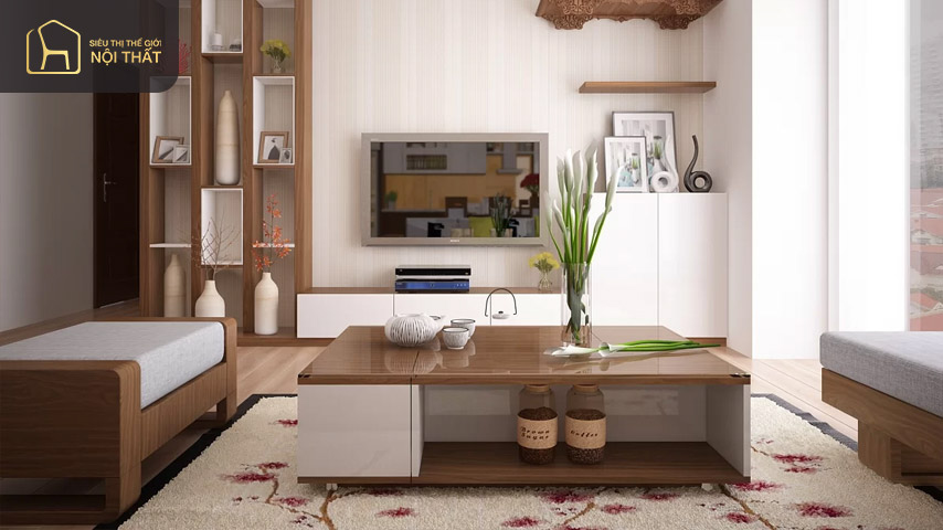 Mẫu kệ trang trí phòng khách gỗ công nghiệp