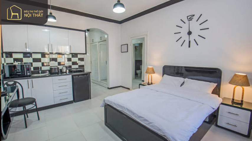 Phòng studio thường có không gian chung, không có tường ngăn cách các khu vực khác nhau