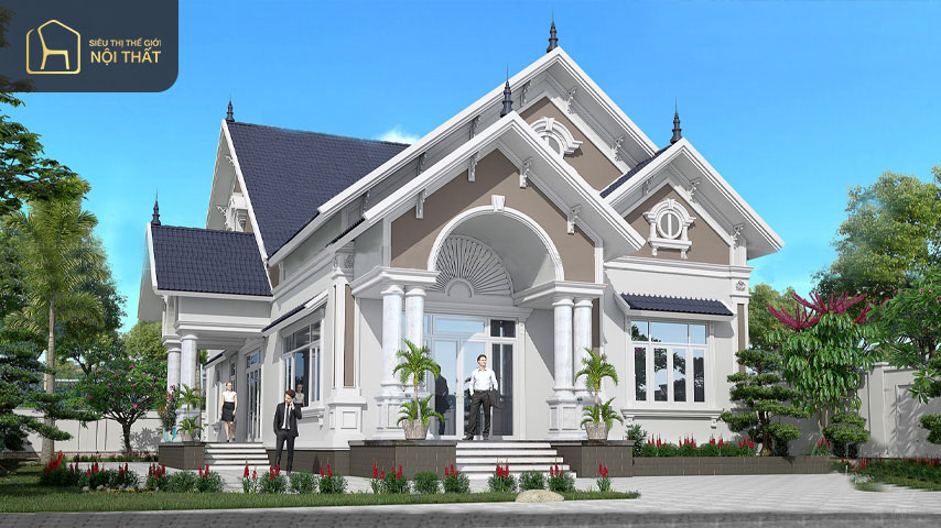 Biệt thự mini mái thái với màu mái ấn tượng, nổi bật giữa màu sắc