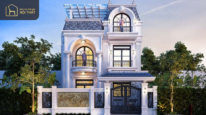 Biệt thự mini 2 tầng Tân Cổ Điển thiết kế sang trọng với sân vườn trước rộng