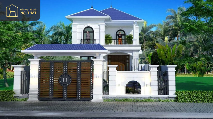 Biệt thự mini 2 tầng diện tích nhỏ mặt tiền phối màu ngói trắng xám trẻ trung