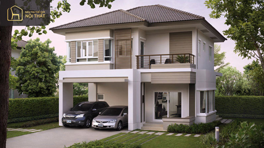 Kết cấu biệt thự mini 2 tầng mái thái được xây dựng đơn giản kết hợp gara ô tô
