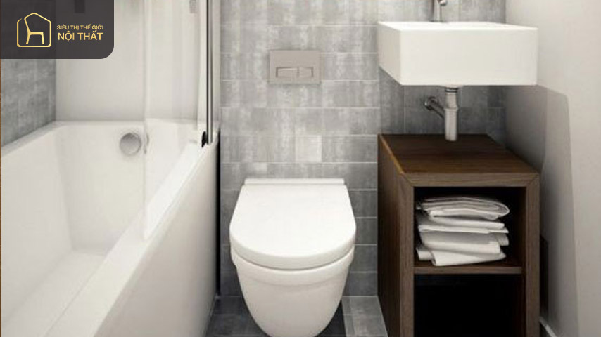 Dùng kệ treo tường, tận dụng không gian dưới chậu rửa cũng là một cách thiết kế tuyệt vời