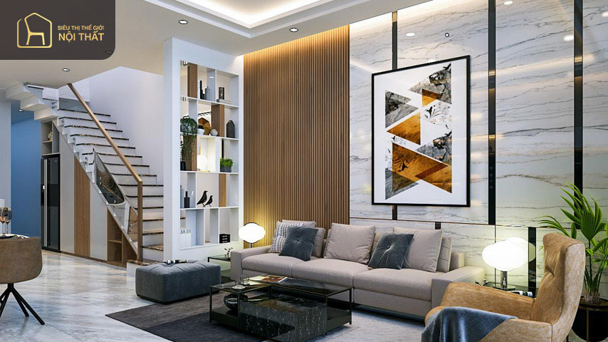 Mẫu phòng khách nhà ống 4m hiện đại hơn với sofa hình chữ L