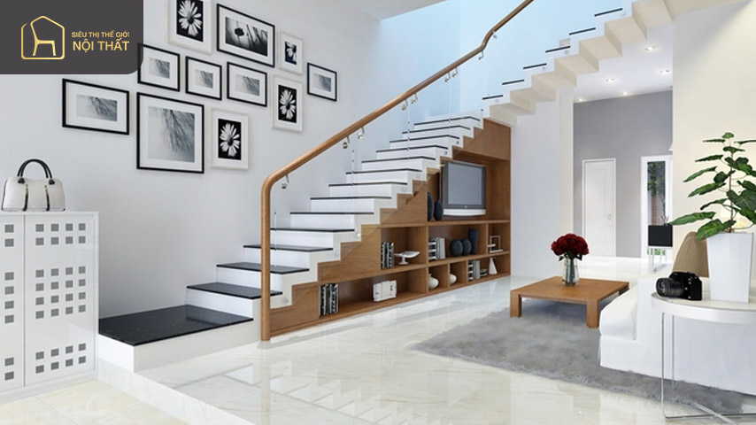 Thiết kế phòng khách với cầu thang kính cường lực độc đáo