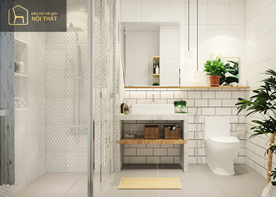 Mẫu thiết kế nhà tắm 4m2 với những chậu cây nhỏ trang trí và vật dụng để bàn tiện lợi