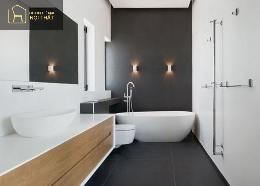 Mẫu thiết kế phòng tắm 4m2 được bố trí đơn giản cùng hệ thống chiếu sáng đa dạng làm cho không gian thêm chiều sâu