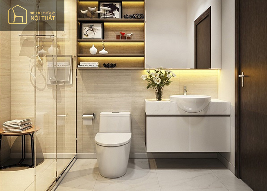 Tủ đựng kết hợp gương phòng tắm và chậu rửa độc đáo đang là xu hướng trong thiết kế nhà tắm 4m2 