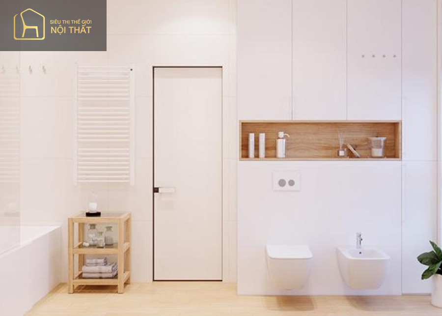 Màu sắc và ánh sáng đèn vô cùng ấm áp trong thiết kế phòng tắm 4m2