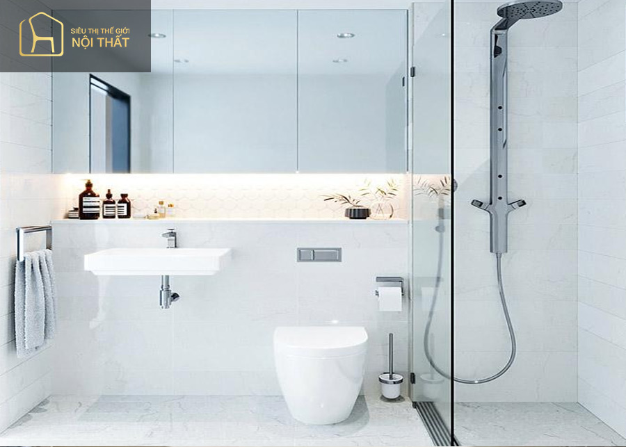 Bạn nên lựa chọn bồn tắm đứng và voi sen là điểm nhấn cho phòng tắm 4m2