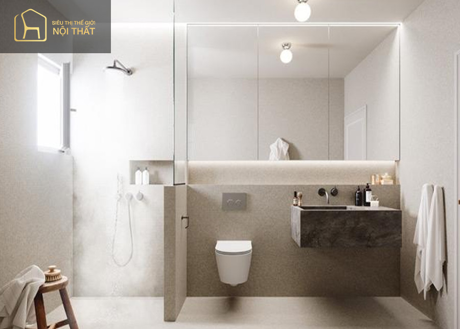 Nên có sự đồng bộ về màu sắc và chất liệu trong thiết kế nhà tắm 4m2 