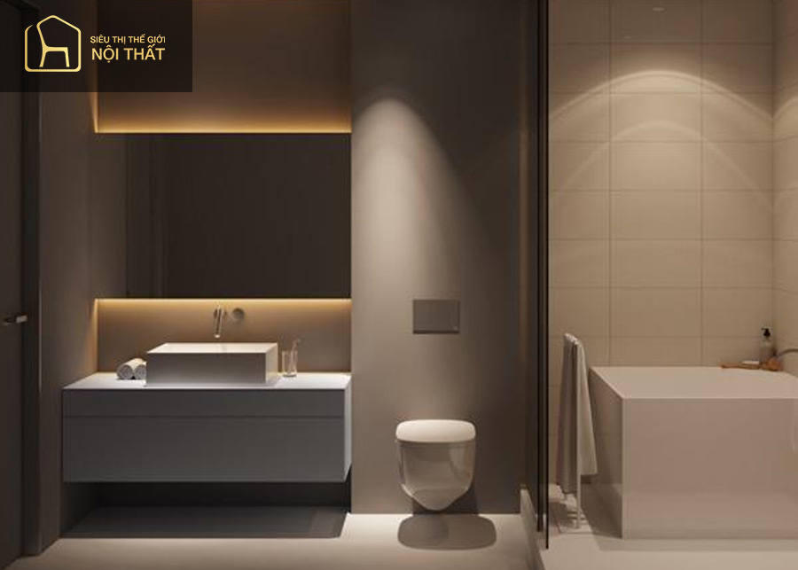 Bồn tắm kiểu Nhật và tone màu trầm ấm tạo nét hiện đại và tiện nghi cho mẫu thiết kế 
