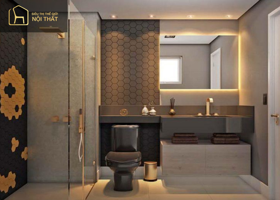 Gạch ốp kiểu dáng độc đáo kết hợp nhiều màu sắc cổ điển cho thiết kế phòng tắm 4m2 thêm sang trọng