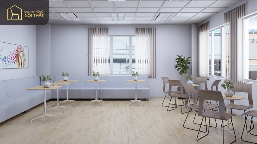 Trang trí chậu cây hoa nhỏ ở từng bàn làm việc đem lại tính đồng nhất và nhẹ nhàng cho tổng thể văn phòng