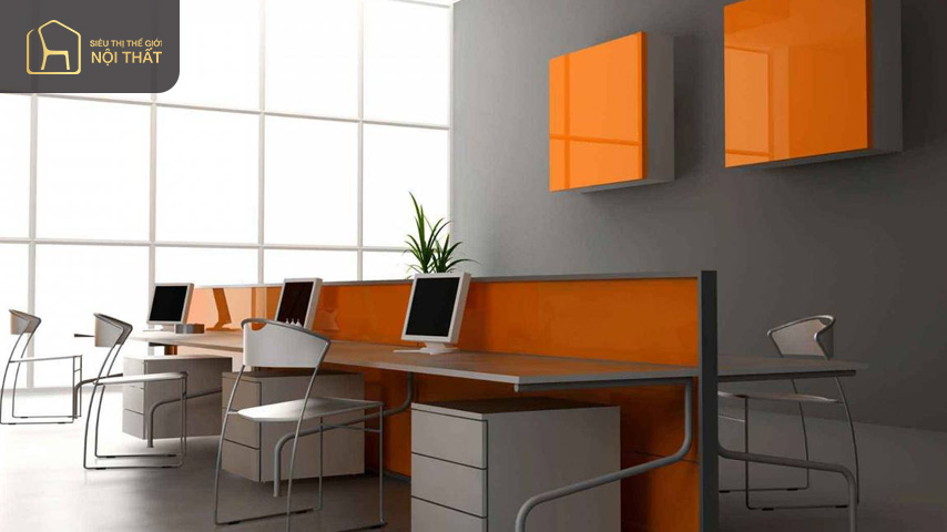 Thiết kế văn phòng 200m2 có sự cá tính, sáng tạo với tone cam kết hợp cùng màu trắng xám đơn giản