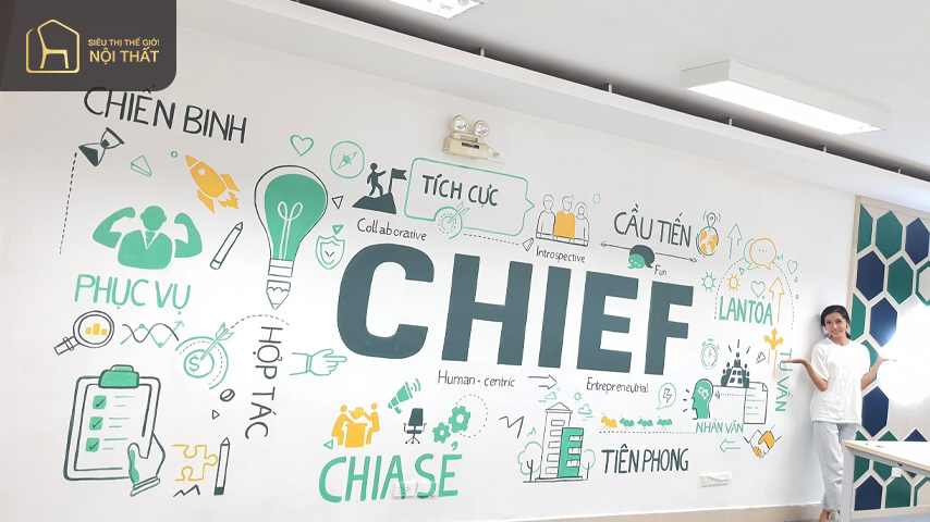 Trang trí tường bằng logo công ty khẳng định thương hiệu cho thiết kế phòng làm việc 20m2 của bạn