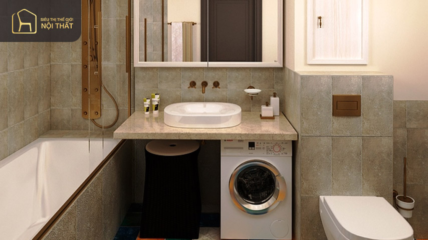 Một mẫu thiết kế máy giặt trong phòng tắm với sự độc đáo đến từ tường ốp và sàn đầy màu sắc 