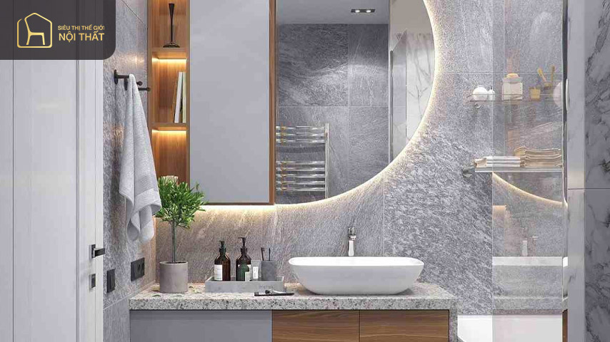 Sử dụng tone màu xám trắng và đèn vàng nhạt tạo cảm giác hài hòa nhẹ nhàng cho không gian