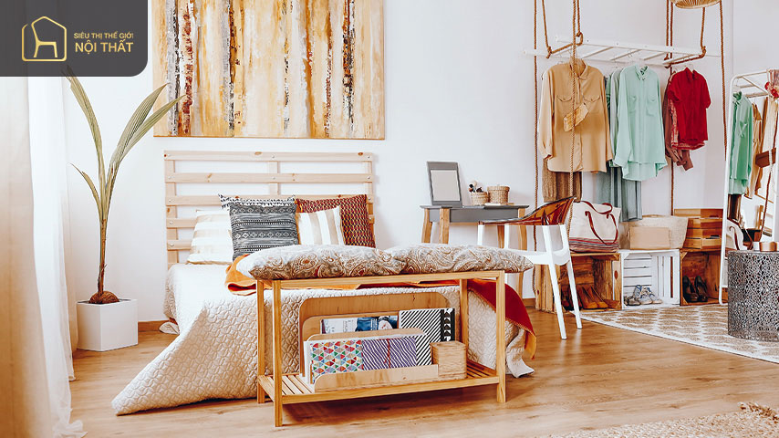 Sử dụng nhiều yếu tố tự nhiên làm cho căn phòng trở nên mộc mạc đậm chất Bohemian