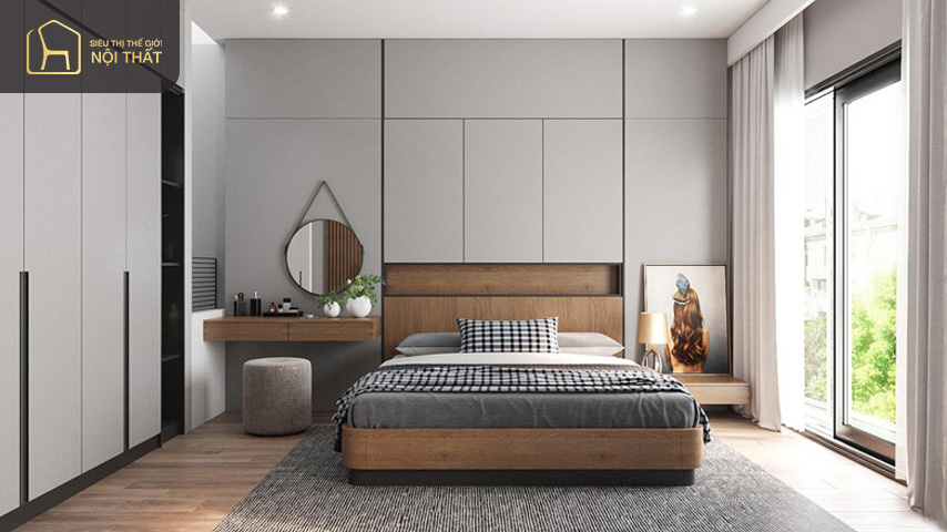 Thiết kế phòng ngủ phong cách đương đại với đầy đủ các đồ nội thất tiện nghi nhỏ gọn