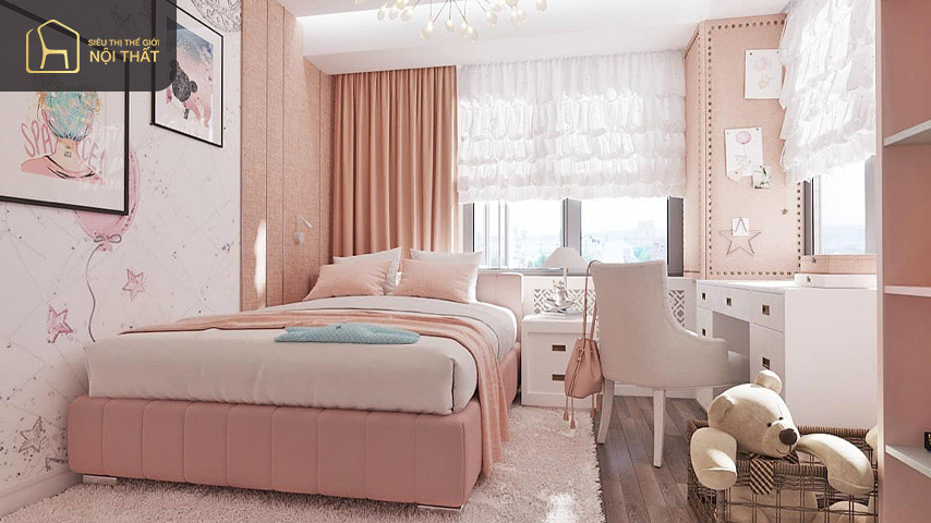 Mẫu trang trí phòng ngủ màu hồng nữ tính phổ biến với các cô gái