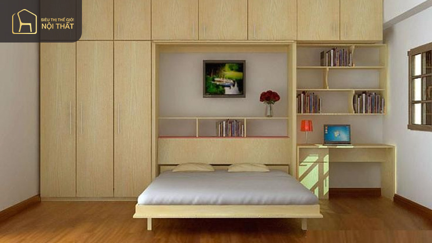 Thiết kế phòng ngủ nhỏ đẹp kết hợp giữa khung giường để đồ và kệ treo tường để sách
