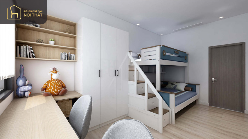 Thiết kế phòng ngủ 6m2 giá rẻ với nội thất như giường ngủ, bàn làm việc, giá sách, kệ treo tường