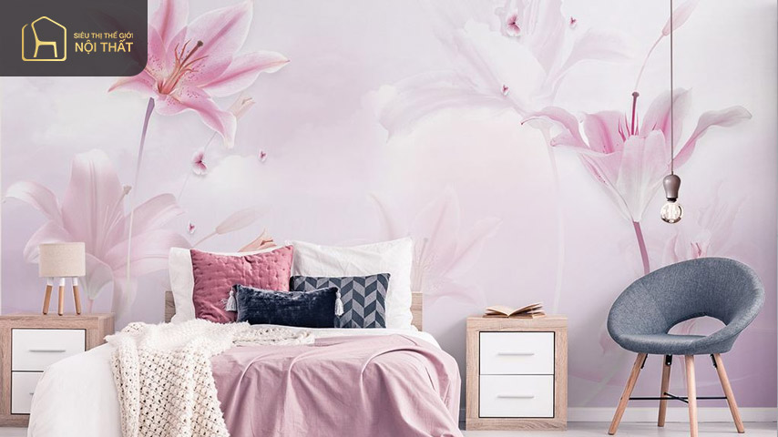 Sự kết hợp giữa màu hồng và màu xám tạo không gian rộng rãi tinh tế của căn phòng